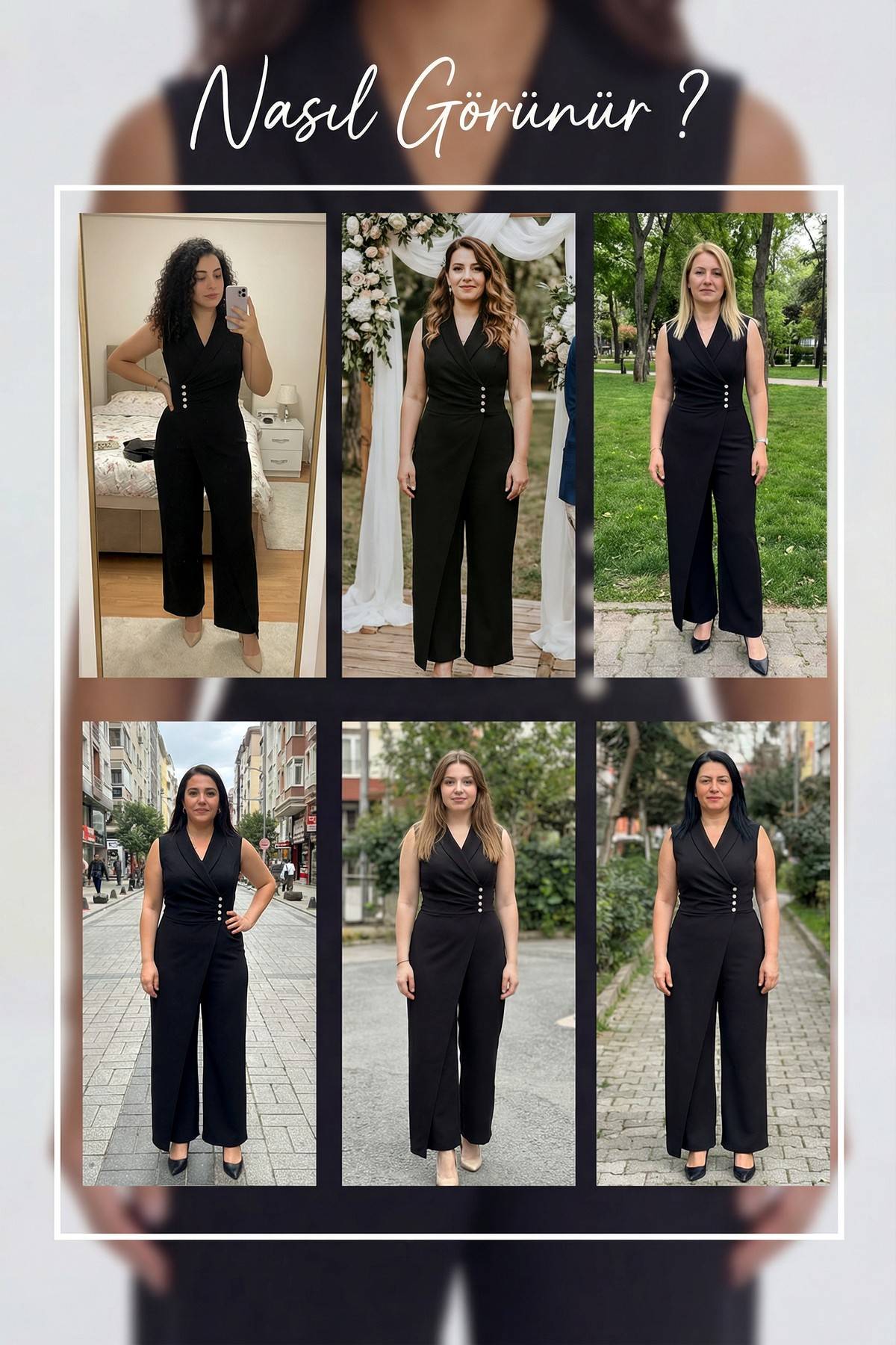 Büyük beden, siyah kruvaze tulum deneme, boydan inci detay