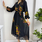 Sarı Çiçekli Kolu Büzgülü Şifon Elbise