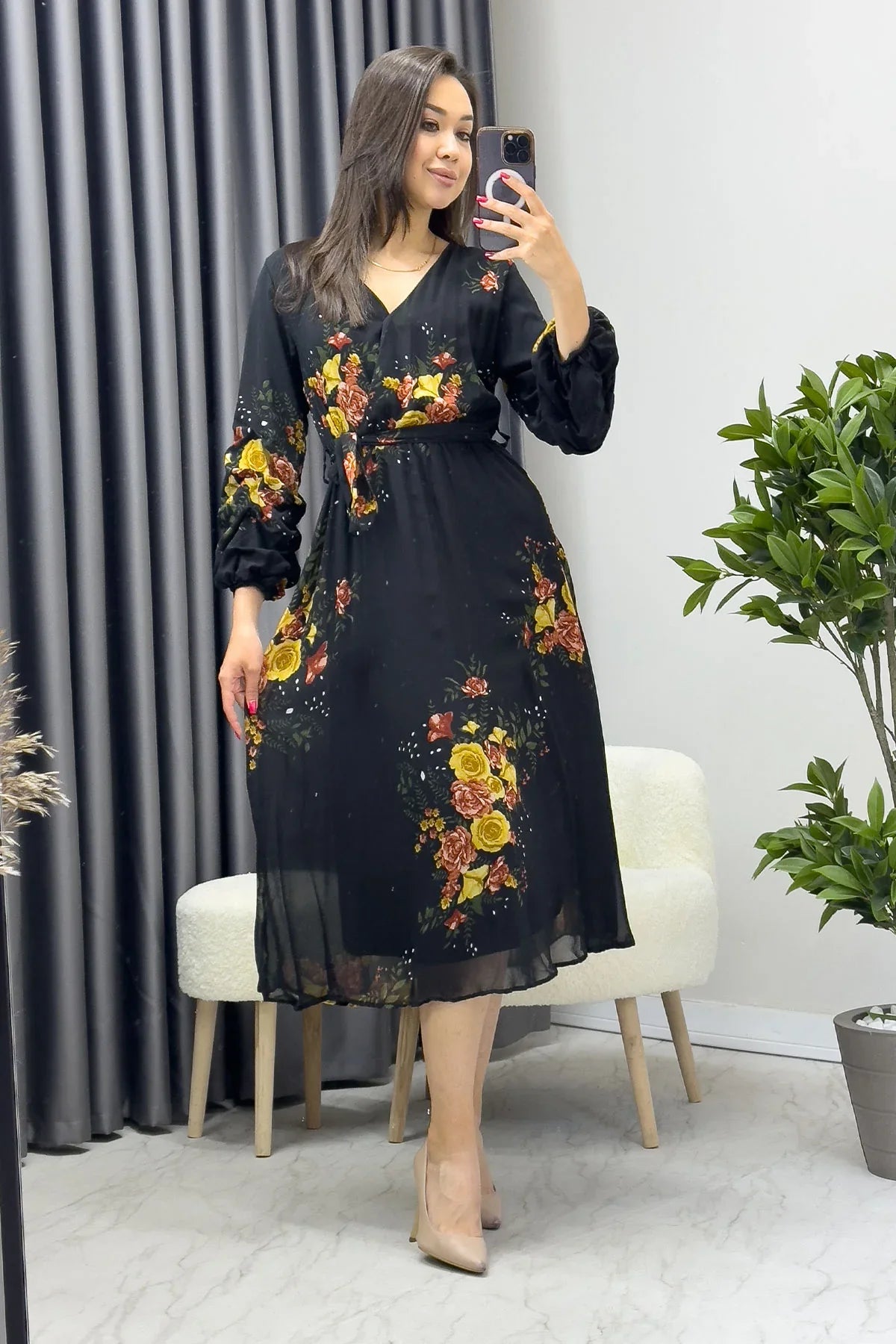 Sarı Çiçekli Kolu Büzgülü Şifon Elbise