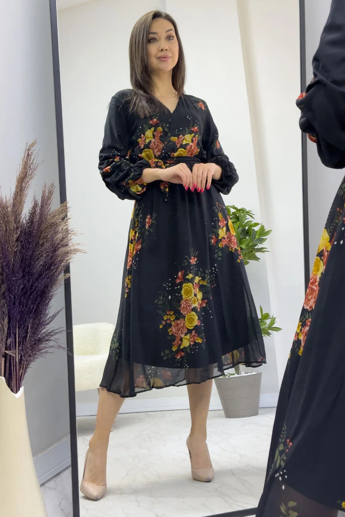 Sarı Çiçekli Kolu Büzgülü Şifon Elbise