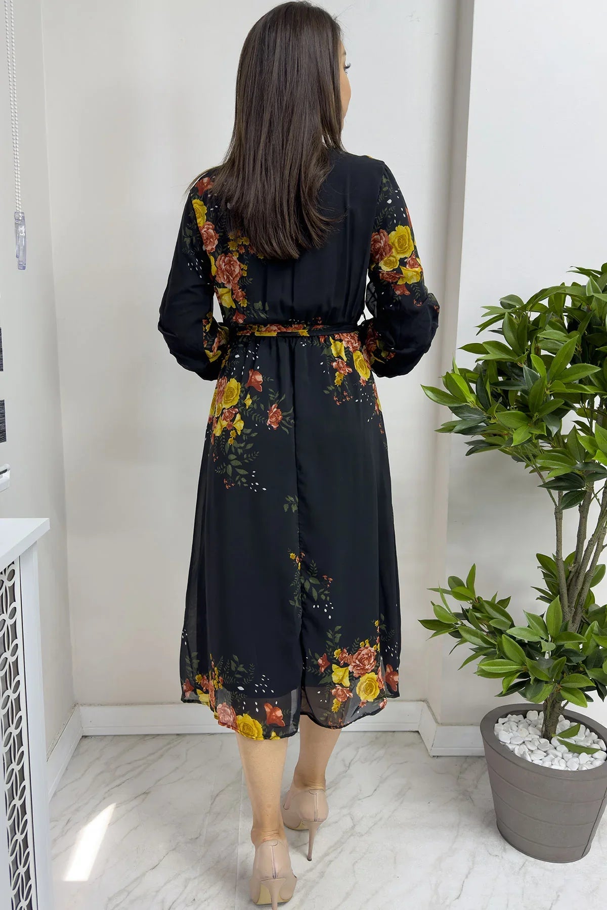 Sarı Çiçekli Kolu Büzgülü Şifon Elbise