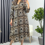 Leopar Kolu Büzgülü Şifon Elbise