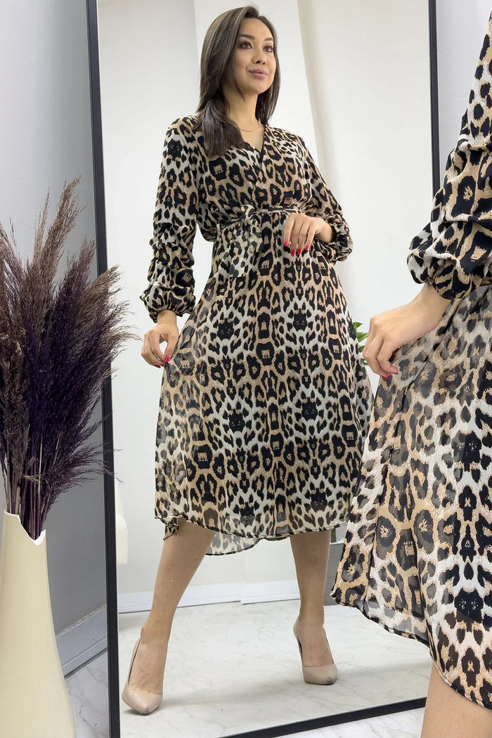 Leopar Kolu Büzgülü Şifon Elbise
