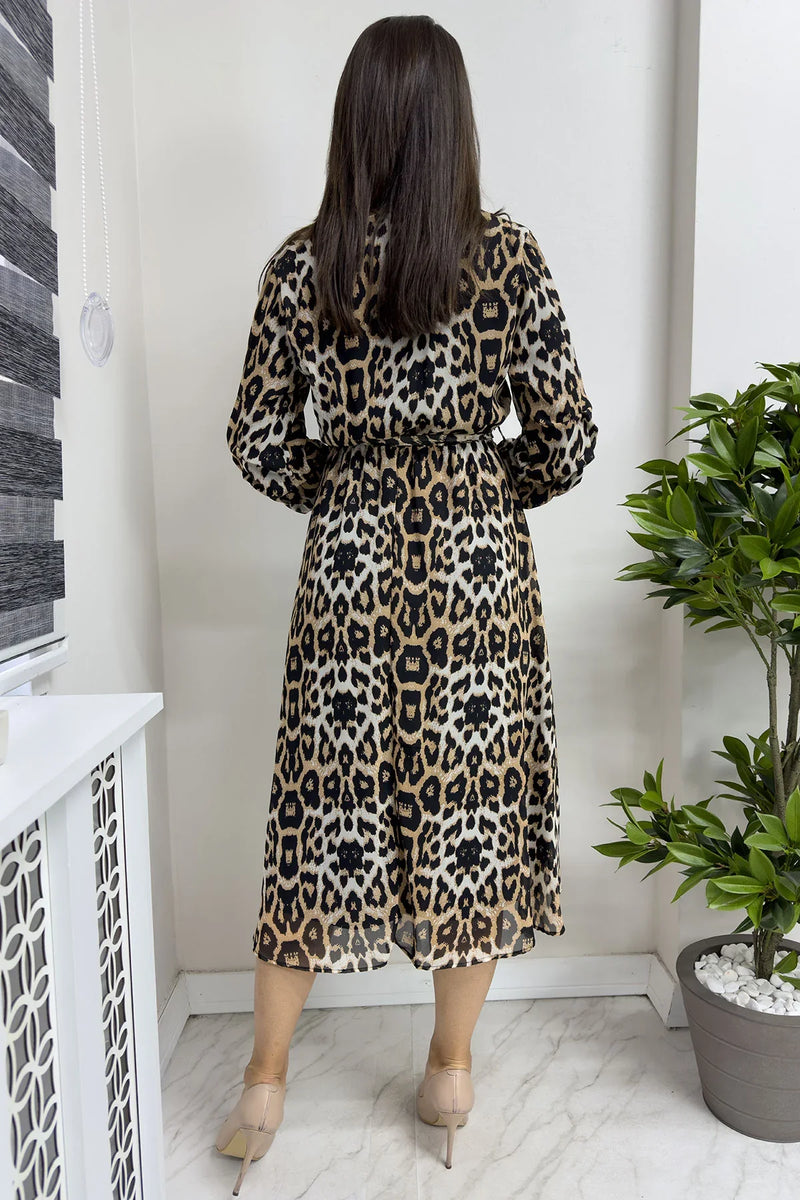 Leopar Kolu Büzgülü Şifon Elbise