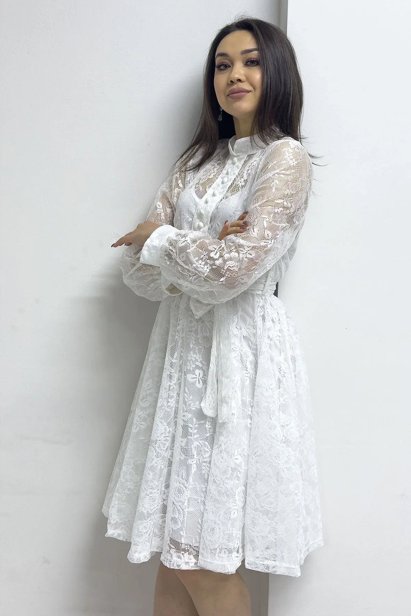 Beyaz Çan Fransız Güpür Düğmeli Büyük Beden Abiye Elbise

