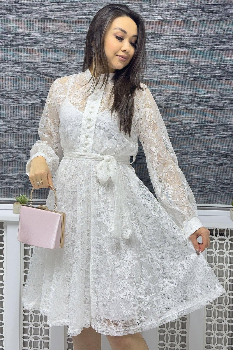 Beyaz Çan Fransız Güpür Düğmeli Büyük Beden Abiye Elbise

