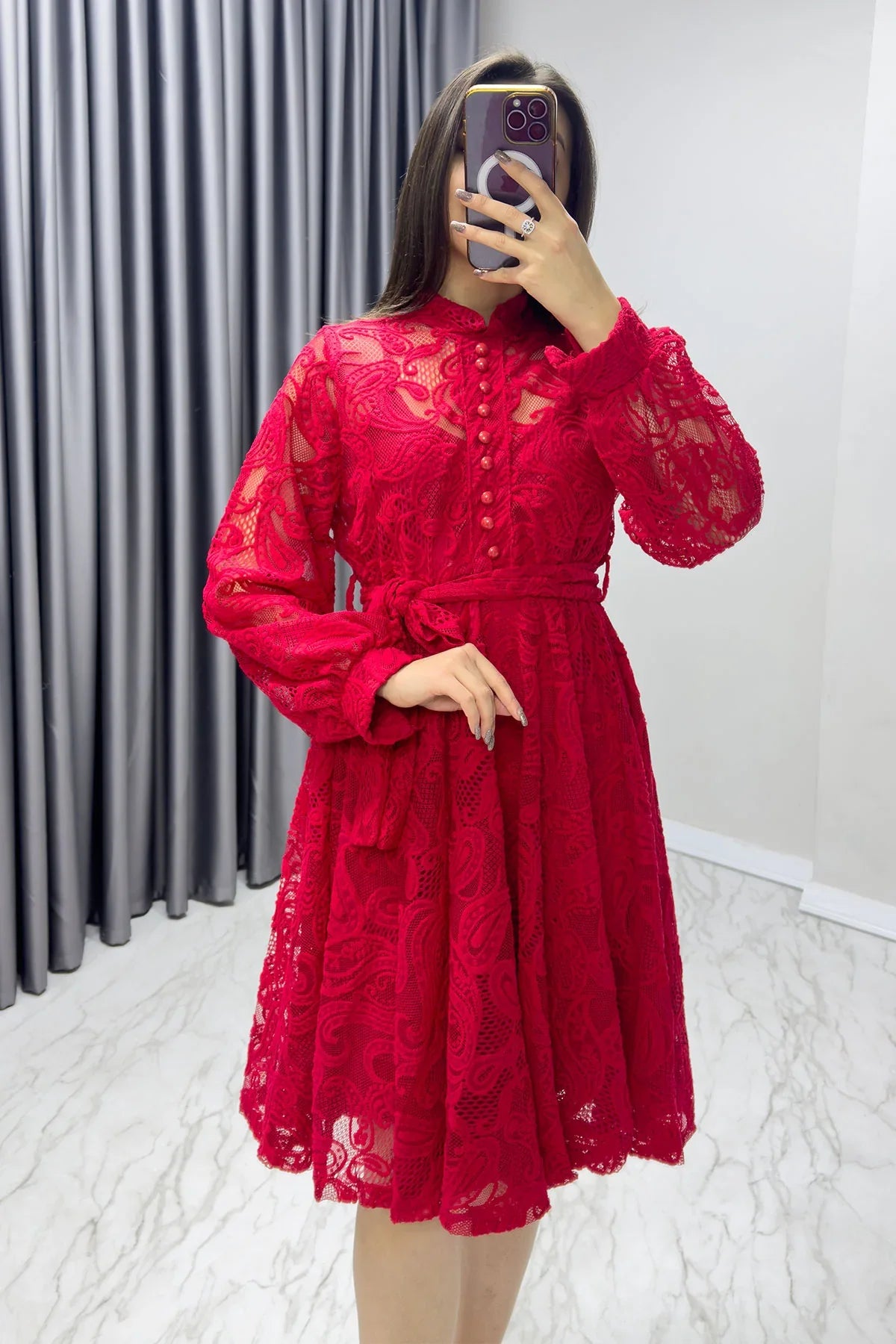 Kırmızı Çan Fransız Güpür Düğmeli Büyük Beden Abiye Elbise

