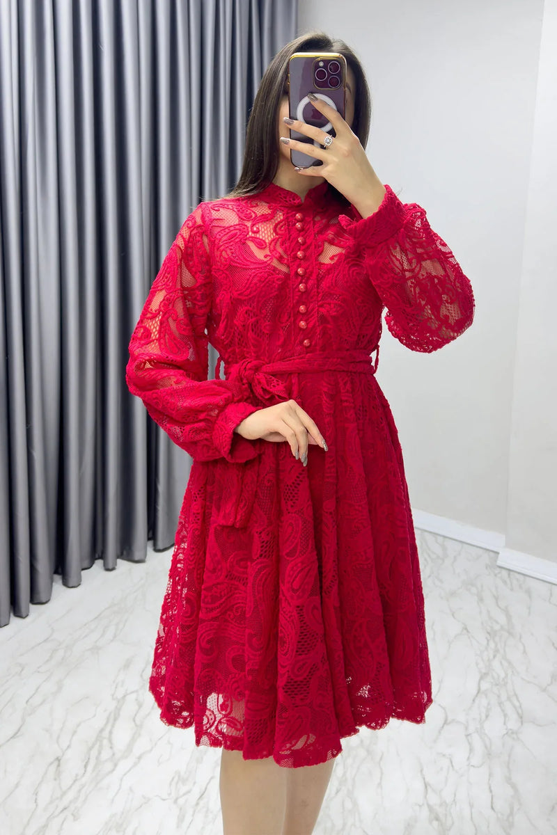 Kırmızı Çan Fransız Güpür Düğmeli Büyük Beden Abiye Elbise

