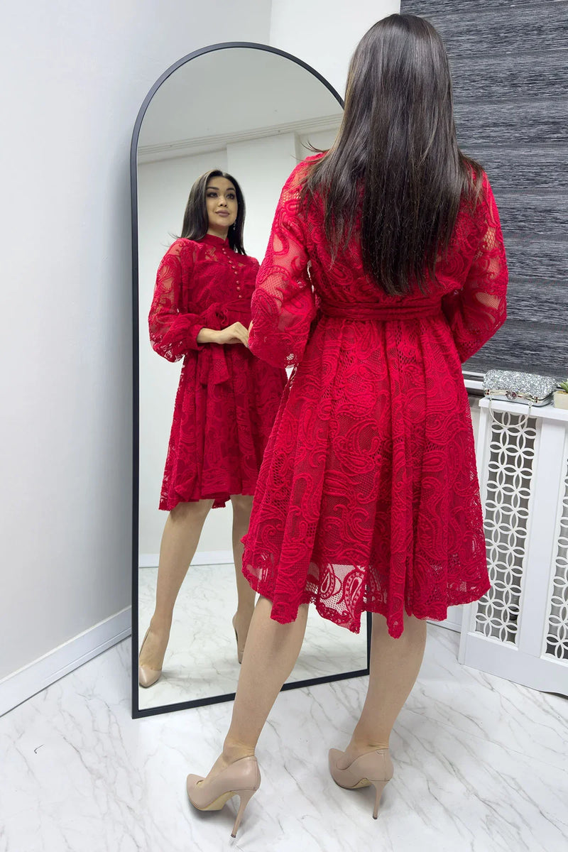 Kırmızı Çan Fransız Güpür Düğmeli Büyük Beden Abiye Elbise

