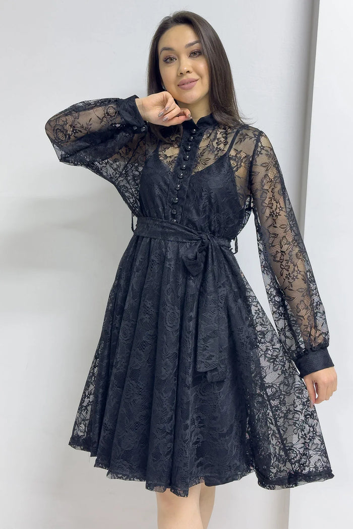 Siyah Fransız Güpür Düğmeli Büyük Beden Abiye Elbise

