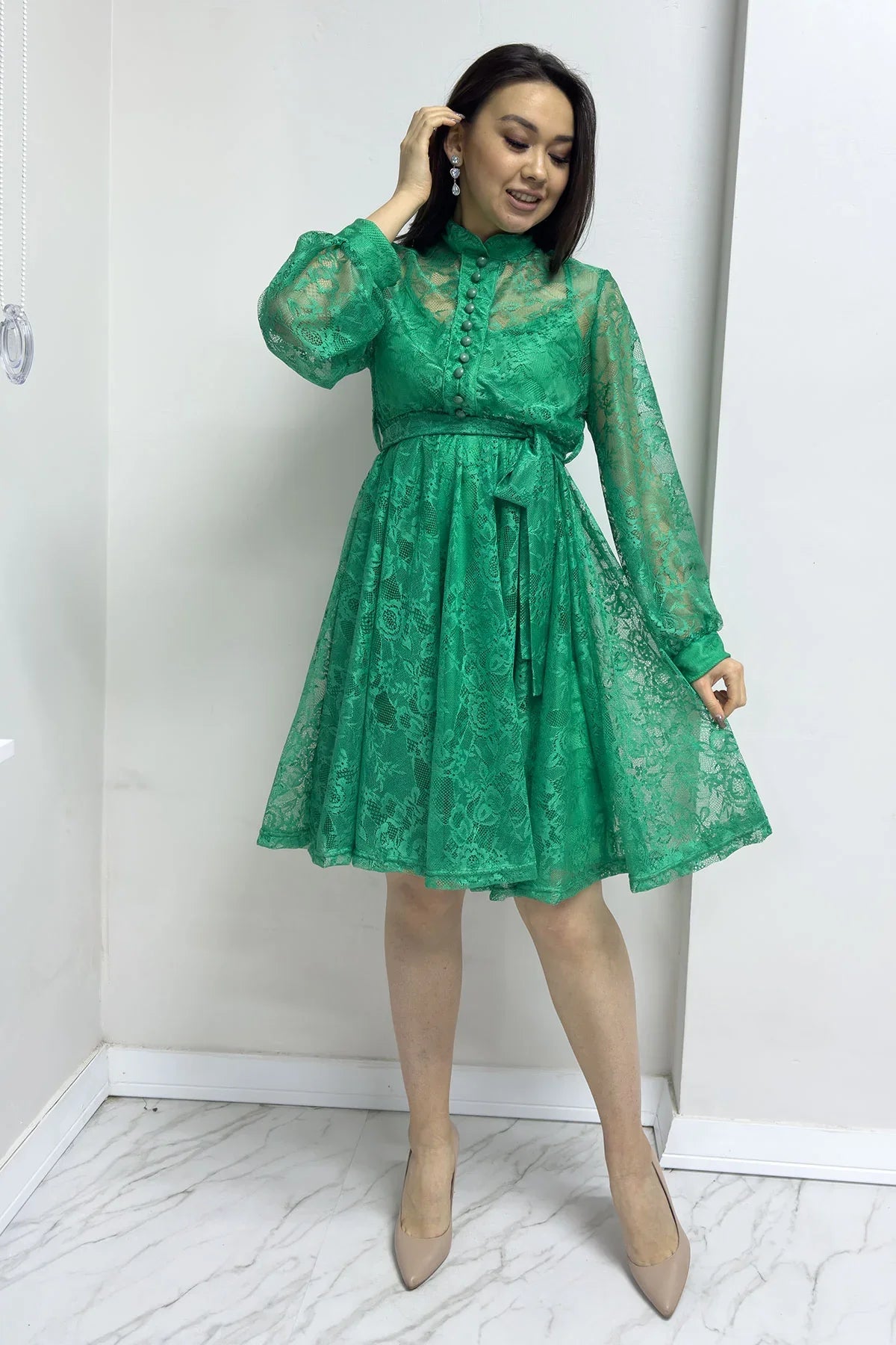 Yeşil Fransız Güpür Düğmeli Büyük Beden Abiye Elbise

