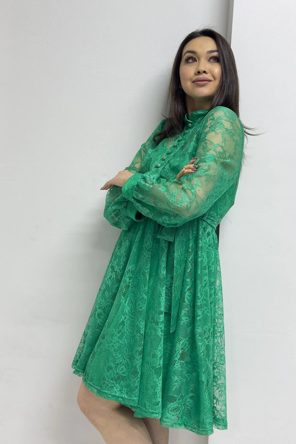 Yeşil Fransız Güpür Düğmeli Büyük Beden Abiye Elbise

