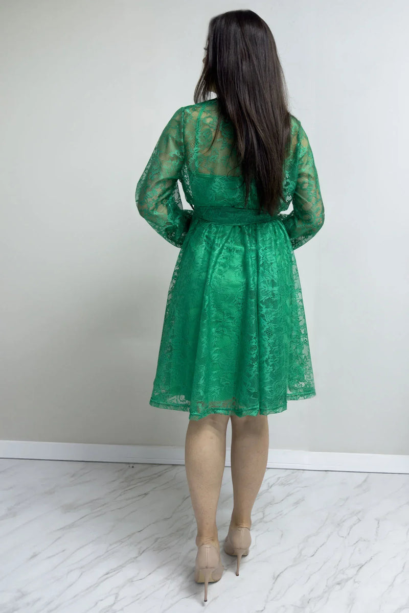 Yeşil Fransız Güpür Düğmeli Büyük Beden Abiye Elbise

