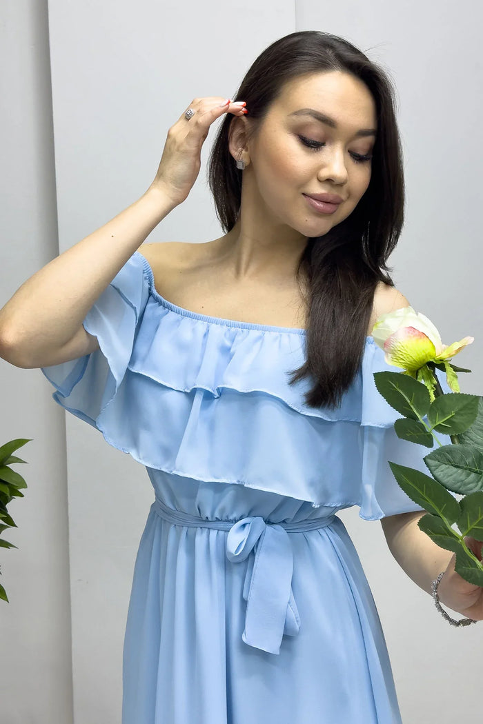 Bebe Mavisi Madonna Carmen Fırfır Yaka Büyük Beden Şifon Elbise

