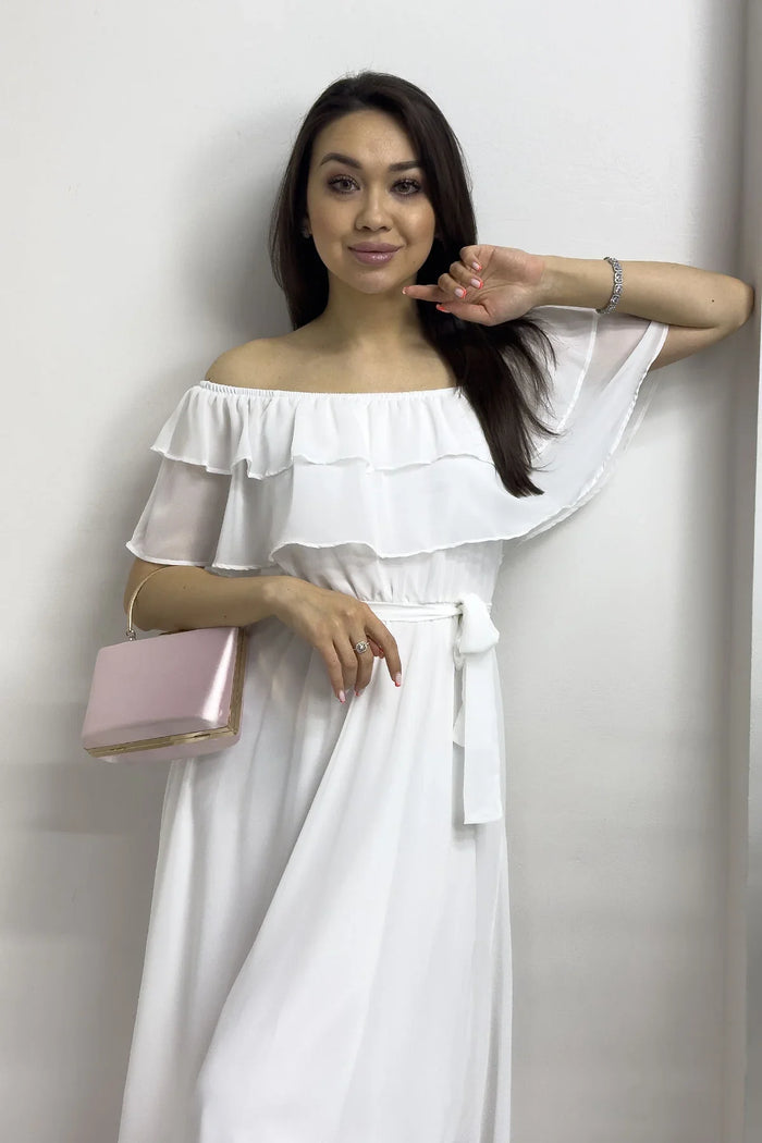 Beyaz Madonna Carmen Fırfır Yaka Büyük Beden Şifon Elbise

