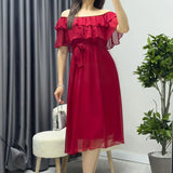 Kırmızı Madonna Carmen Fırfır Yaka Büyük Beden Şifon Elbise