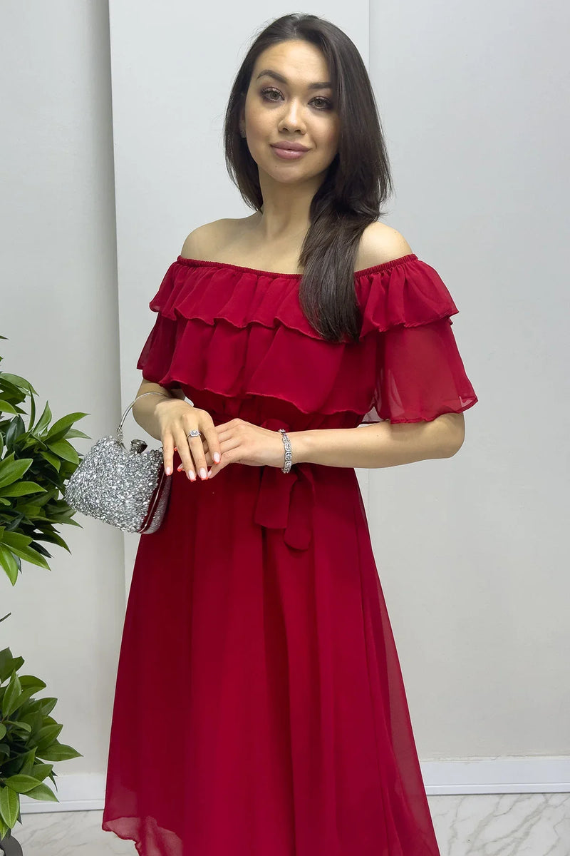 Kırmızı Madonna Carmen Fırfır Yaka Büyük Beden Şifon Elbise

