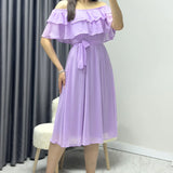 Lila Madonna Carmen Fırfır Yaka Büyük Beden Şifon Elbise