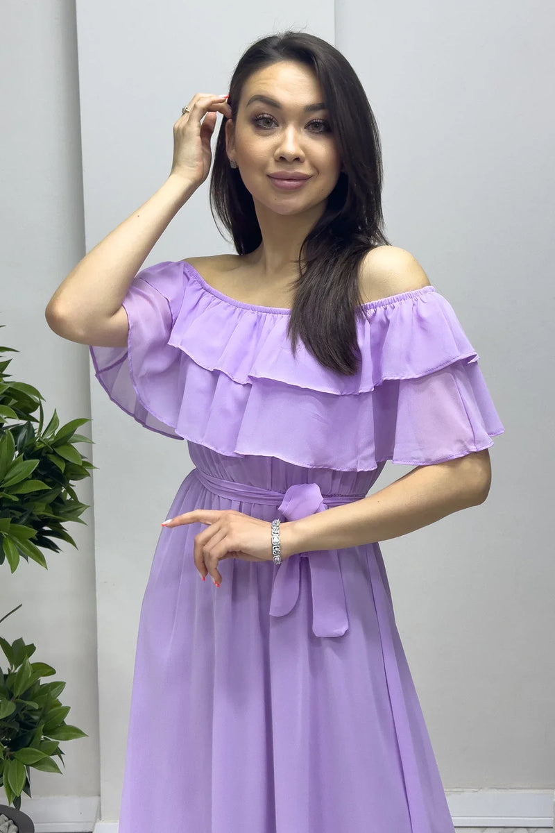 Lila Madonna Carmen Fırfır Yaka Büyük Beden Şifon Elbise

