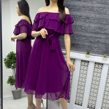 Mürdüm Madonna Carmen Fırfır Yaka Büyük Beden Şifon Elbise