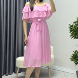 Pembe Madonna Carmen Fırfır Yaka Büyük Beden Şifon Elbise