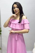 Pembe Madonna Carmen Fırfır Yaka Büyük Beden Şifon Elbise

