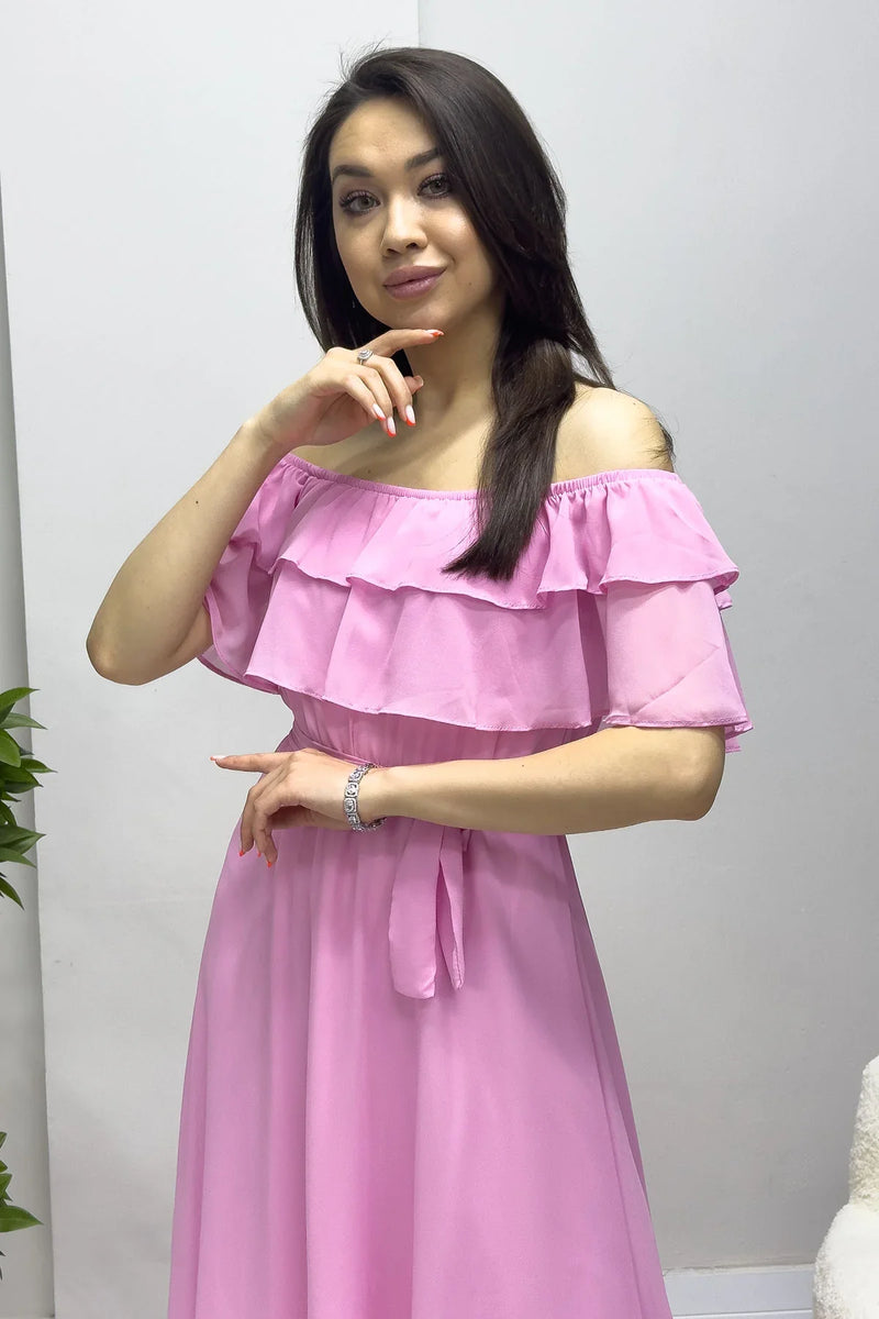 Pembe Madonna Carmen Fırfır Yaka Büyük Beden Şifon Elbise

