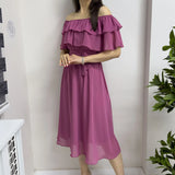 Gül Kurusu Madonna Carmen Fırfır Yaka Büyük Beden Şifon Elbise