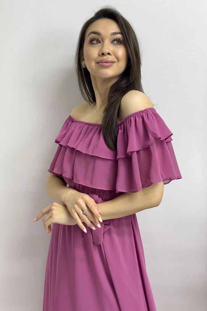 Gül Kurusu Madonna Carmen Fırfır Yaka Büyük Beden Şifon Elbise