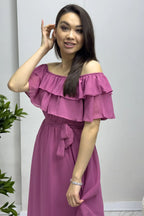 Gül Kurusu Madonna Carmen Fırfır Yaka Büyük Beden Şifon Elbise