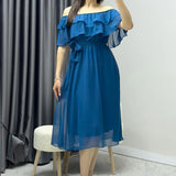 Petrol Mavisi Madonna Carmen Fırfır Yaka Büyük Beden Şifon Elbise