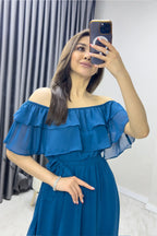 Petrol Mavisi Madonna Carmen Fırfır Yaka Büyük Beden Şifon Elbise

