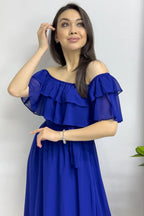 Saks Madonna Carmen Fırfır Yaka Büyük Beden Şifon Elbise

