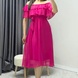 Fuşya Madonna Carmen Fırfır Yaka Büyük Beden Şifon Elbise