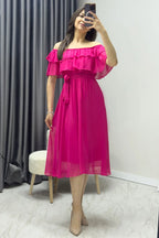 Fuşya Madonna Carmen Fırfır Yaka Büyük Beden Şifon Elbise

