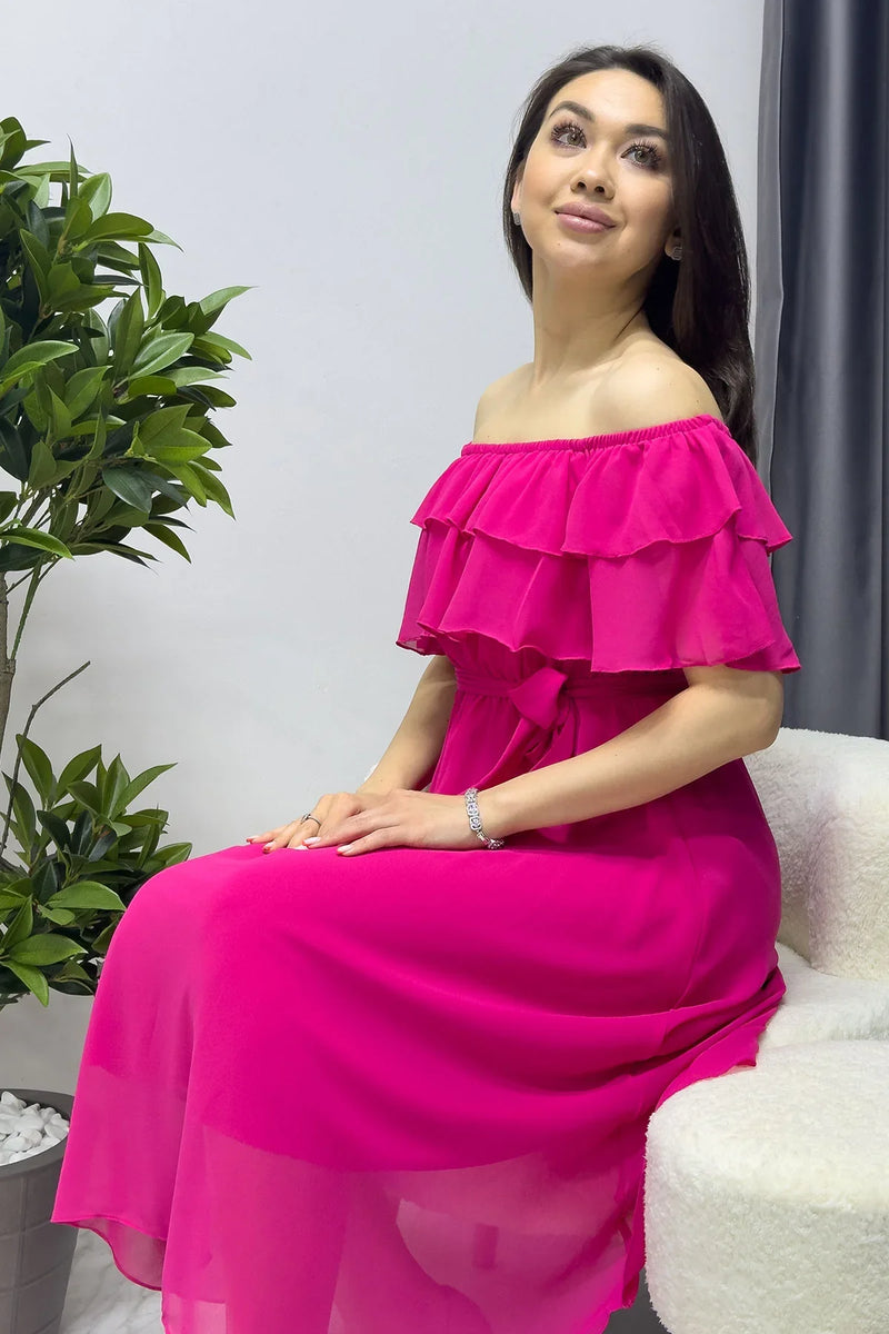 Fuşya Madonna Carmen Fırfır Yaka Büyük Beden Şifon Elbise
