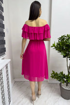 Fuşya Madonna Carmen Fırfır Yaka Büyük Beden Şifon Elbise