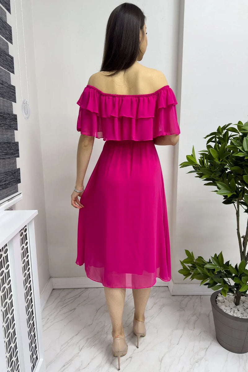 Fuşya Madonna Carmen Fırfır Yaka Büyük Beden Şifon Elbise