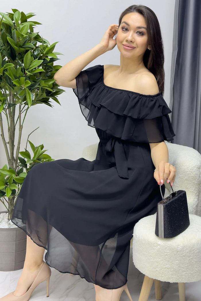 Siyah Madonna Carmen Fırfır Yaka Büyük Beden Şifon Elbise

