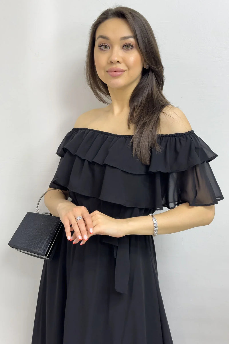 Siyah Madonna Carmen Fırfır Yaka Büyük Beden Şifon Elbise

