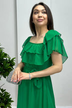 Çimen Yeşili Madonna Carmen Fırfır Yaka Büyük Beden Şifon Elbise