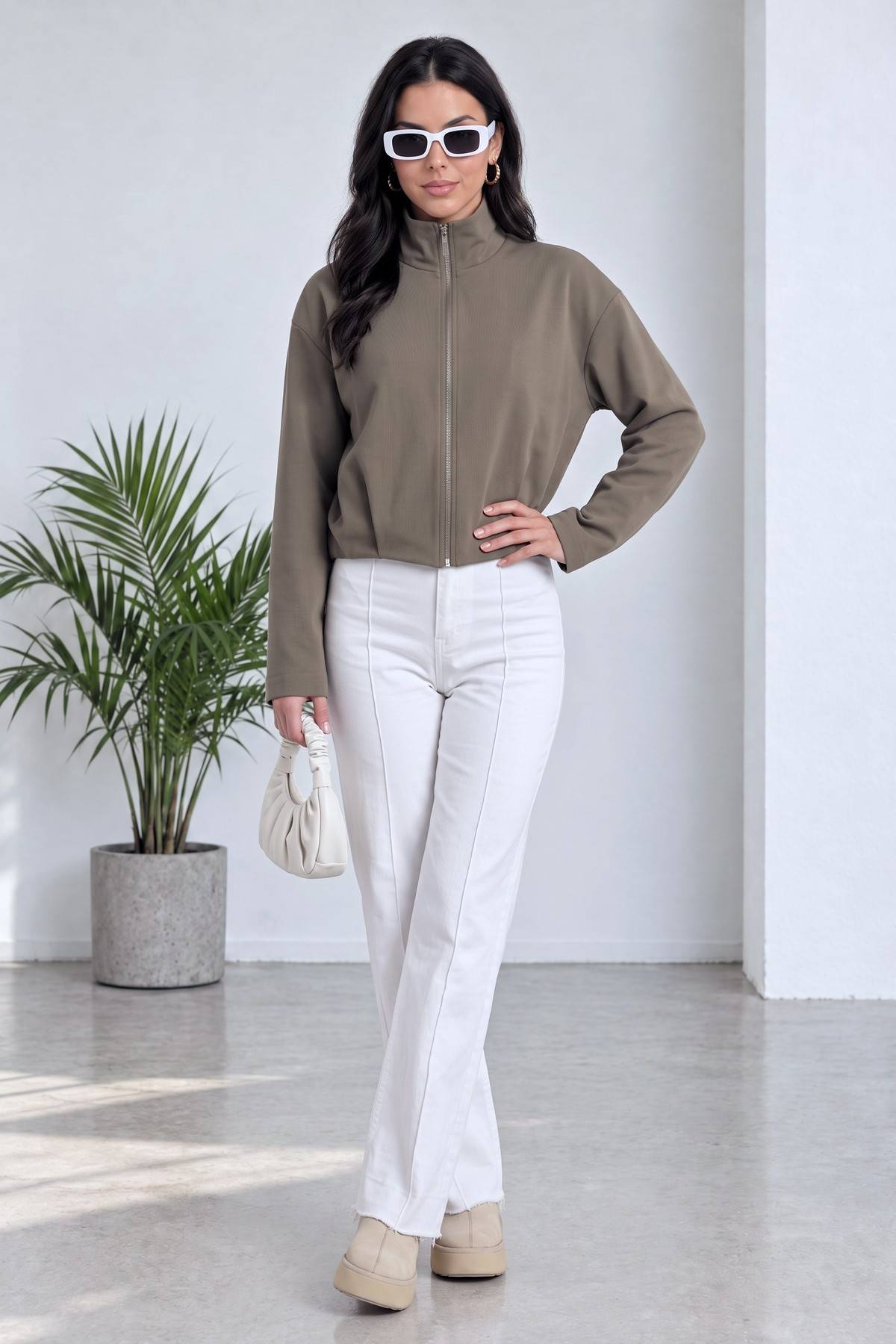 Kadın haki fermuarlı modern ceket modeli