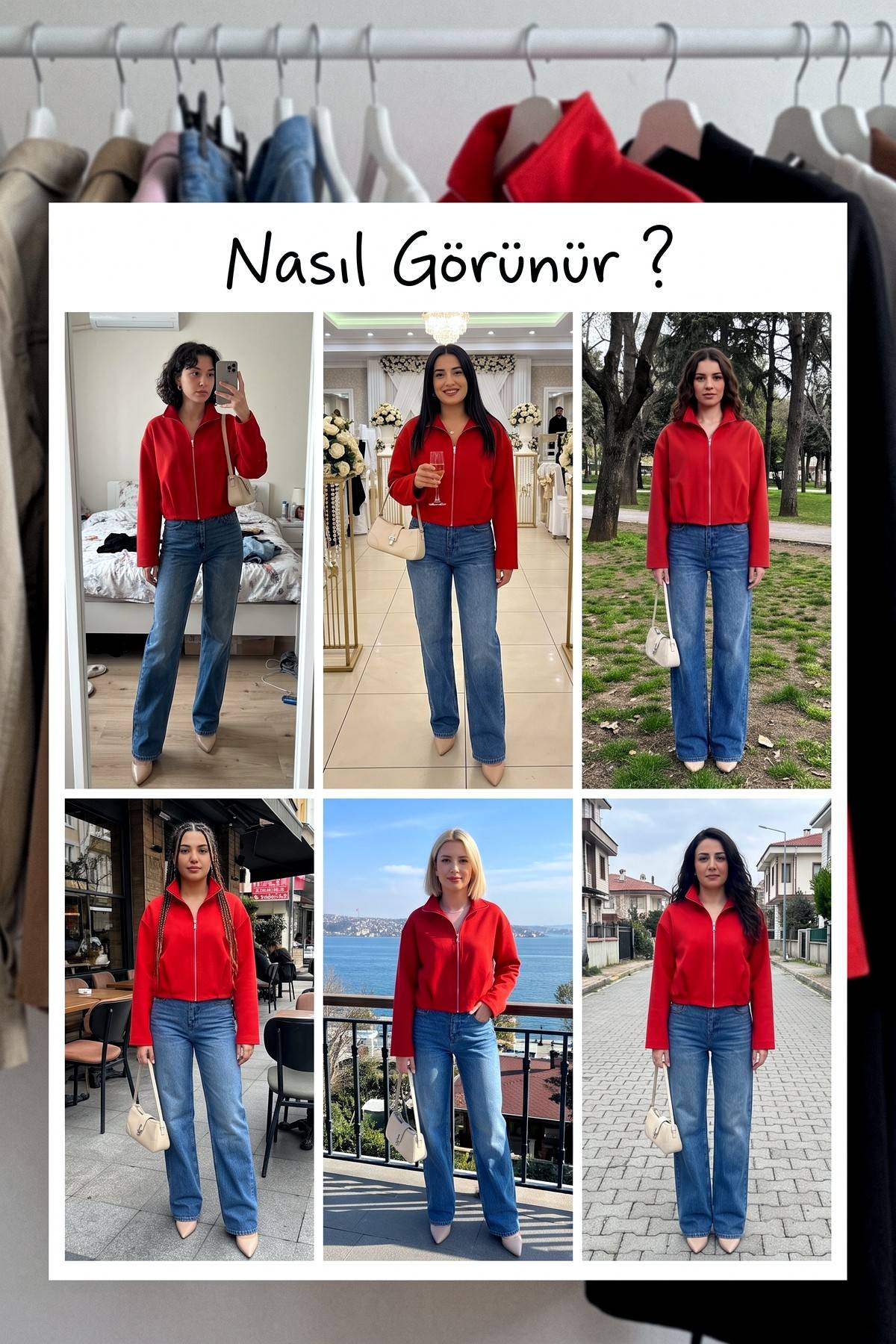 Kadın kırmızı fermuarlı modern ceket modeli müşteri deneyimleri