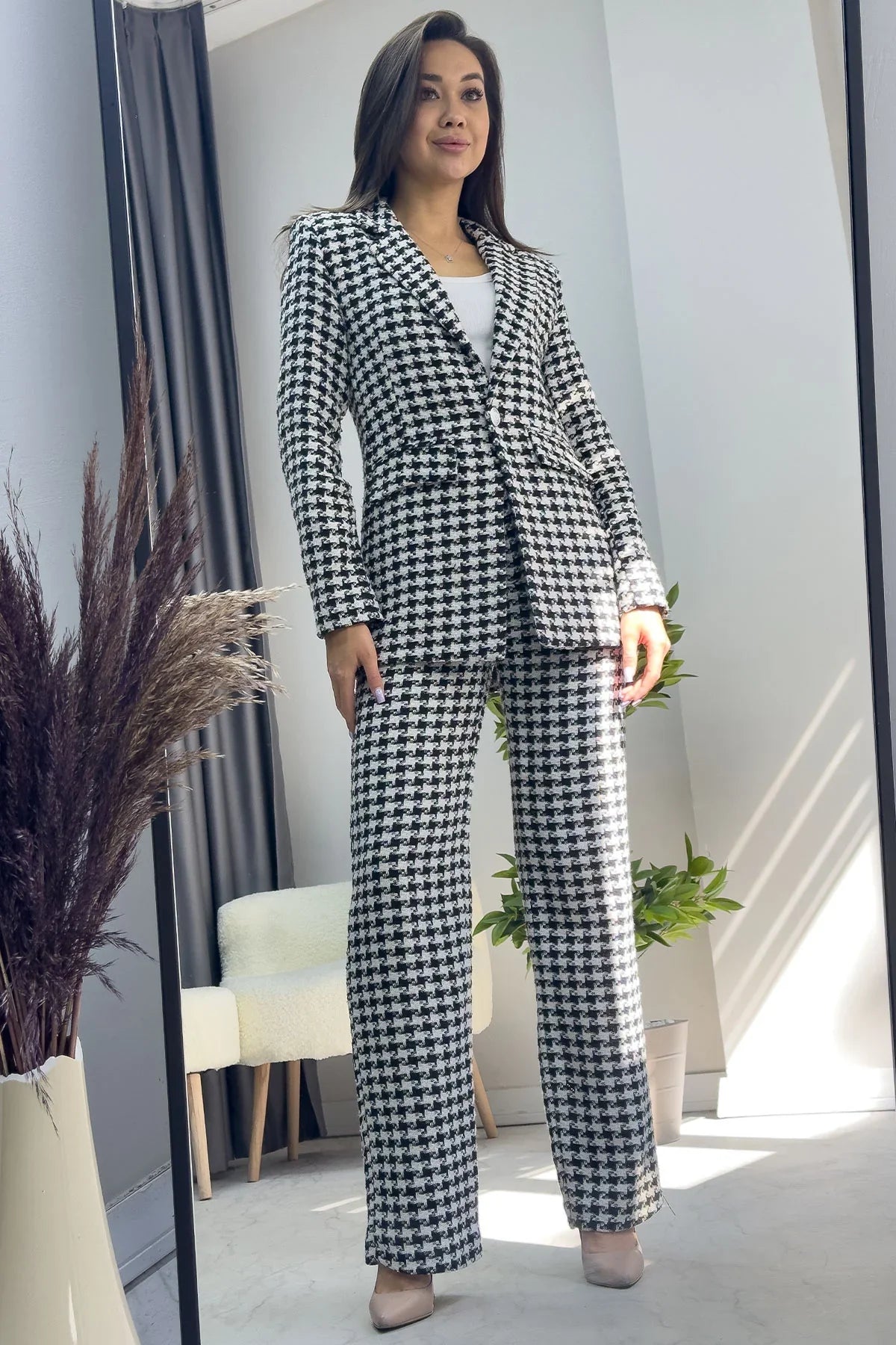 Siyah Beyaz Kazayağı Ceket Pantolon İkili Takım