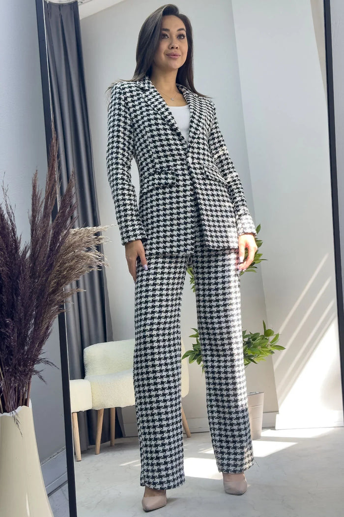 Siyah Beyaz Kazayağı Ceket Pantolon İkili Takım