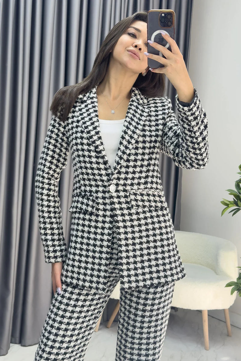 Siyah Beyaz Kazayağı Ceket Pantolon İkili Takım