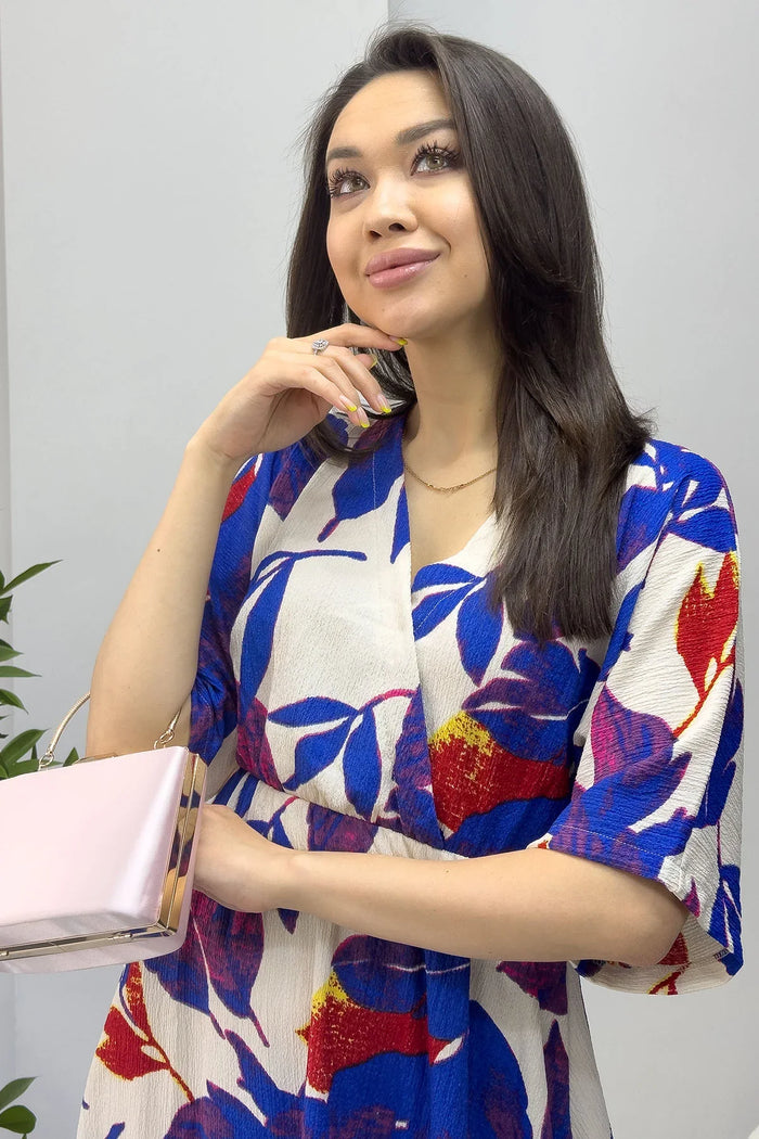 Mavi Yaprak Desen Yarasa Kol Midi Elbise