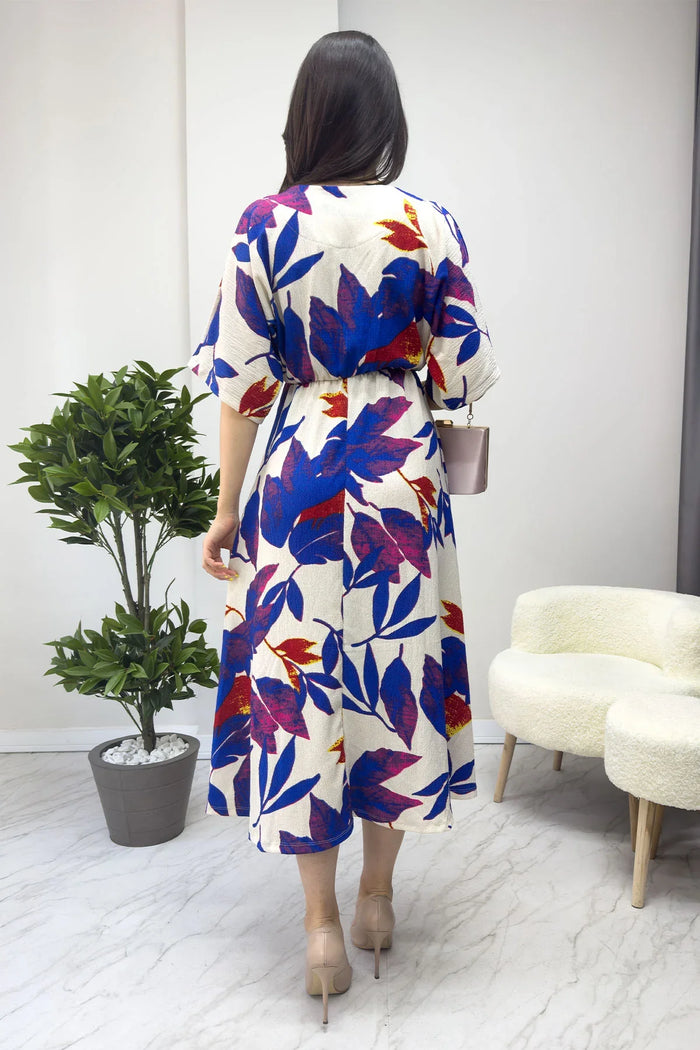 Mavi Yaprak Desen Yarasa Kol Midi Elbise