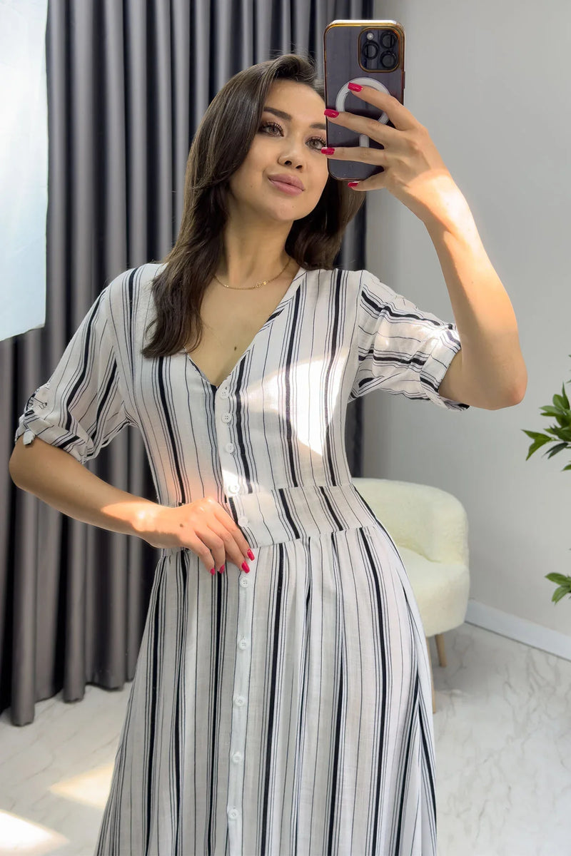 Kısa Kol Yazlık Çizgili Elbise