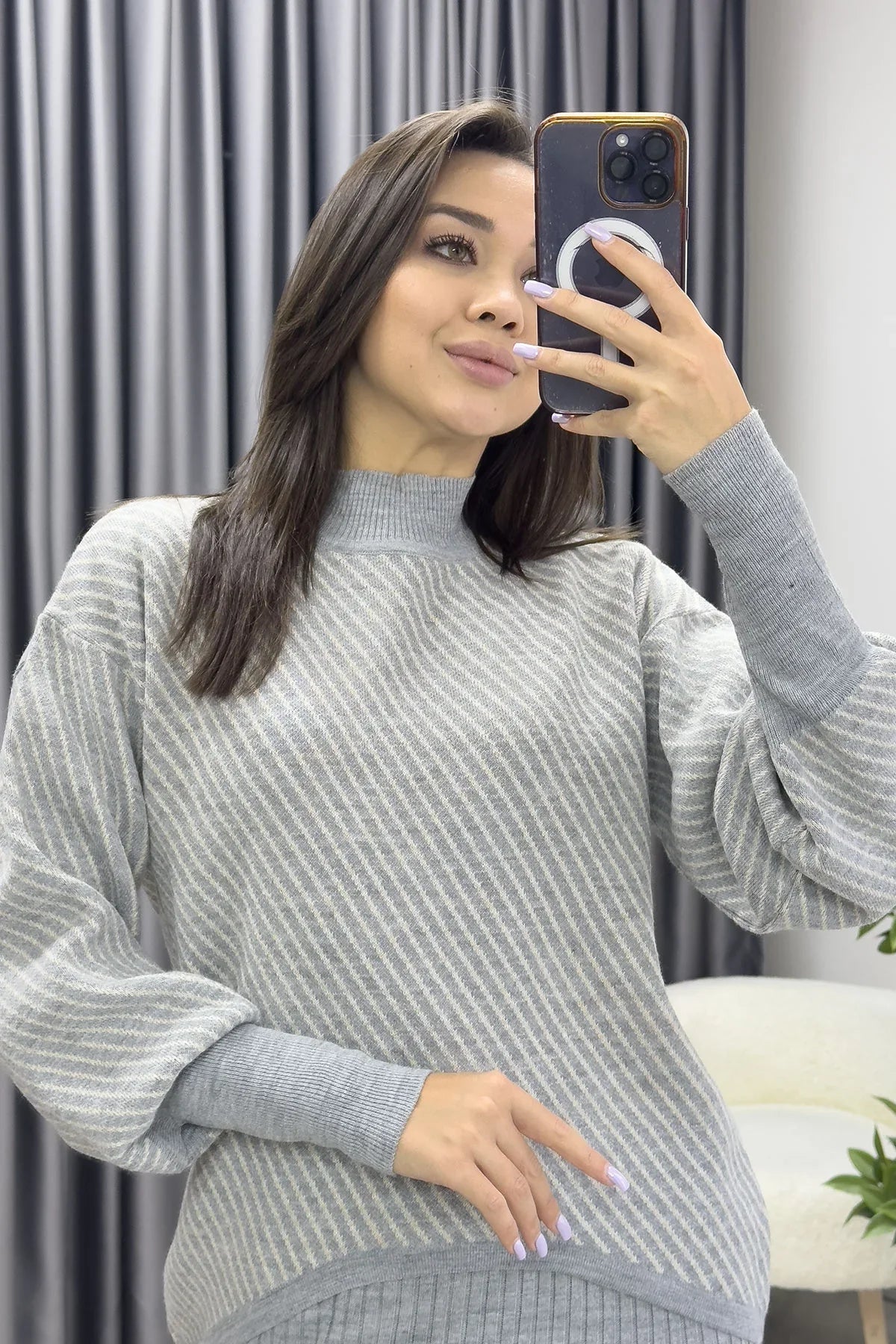 Gri Beyaz Şeritli Elbise Kazak İkili Takım